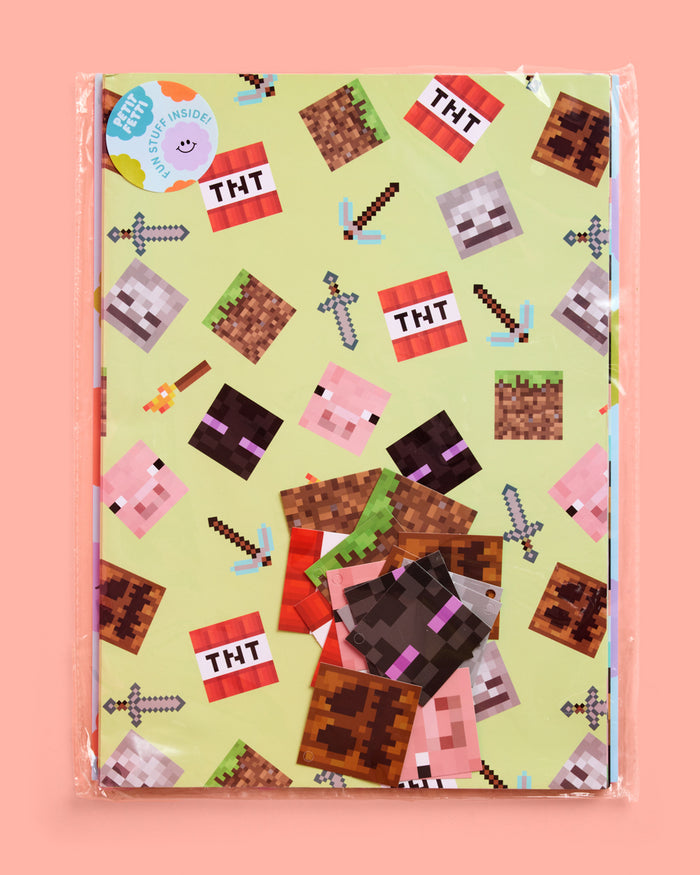 Pixel Mining Wrapping Paper Set - 12 sheets + 16 tags