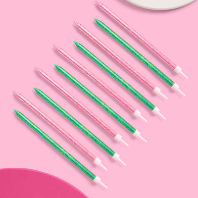Pink Goes Good w. Green Candles - 10 glitter candles