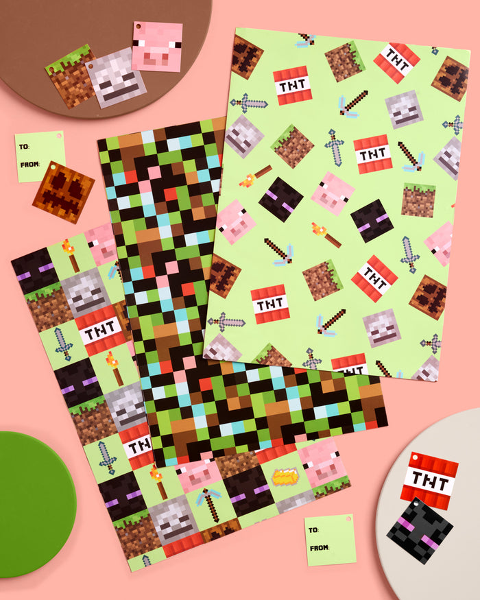 Pixel Mining Wrapping Paper Set - 12 sheets + 16 tags