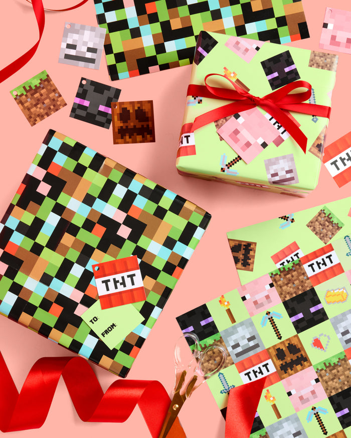 Pixel Mining Wrapping Paper Set - 12 sheets + 16 tags