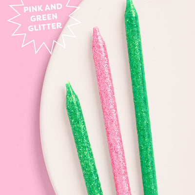 Pink Goes Good w. Green Candles - 10 glitter candles