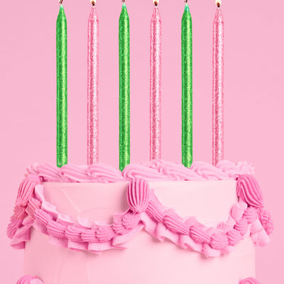 Pink Goes Good w. Green Candles - 10 glitter candles