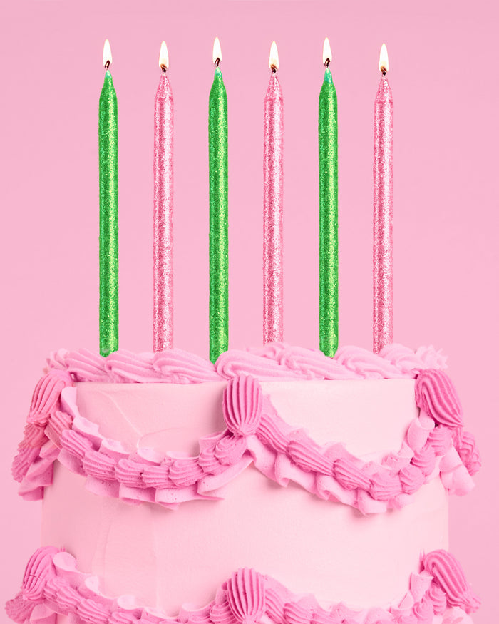 Pink Goes Good w. Green Candles - 10 glitter candles