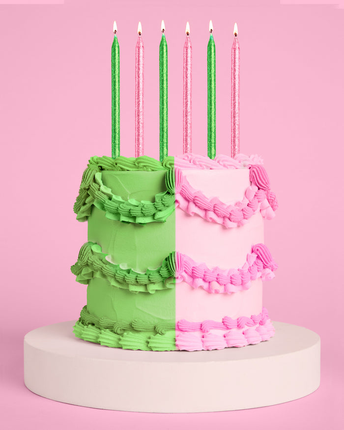 Pink Goes Good w. Green Candles - 10 glitter candles