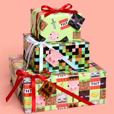 Pixel Mining Wrapping Paper Set - 12 sheets + 16 tags