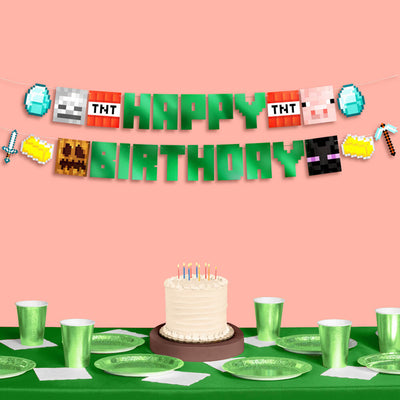 Pixel Mining Birthday Banner - green mirrored banner