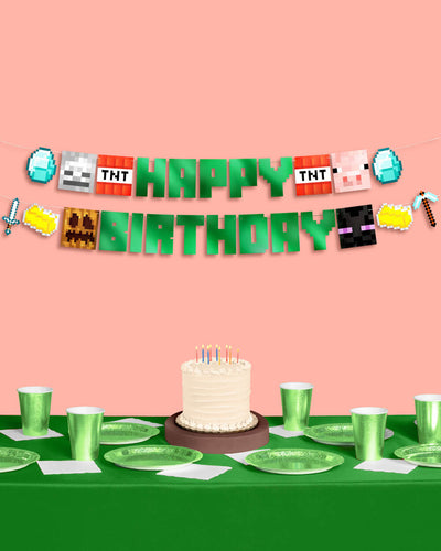 Pixel Mining Birthday Banner - green mirrored banner