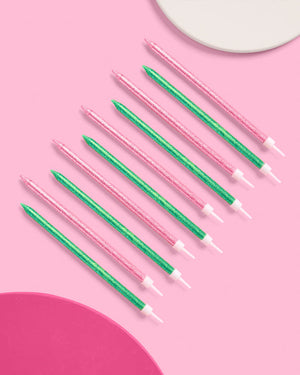 Pink Goes Good w. Green Candles - 10 glitter candles