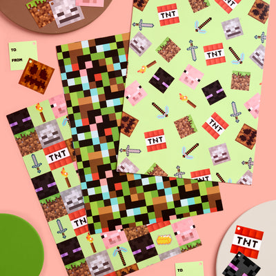 Pixel Mining Wrapping Paper Set - 12 sheets + 16 tags