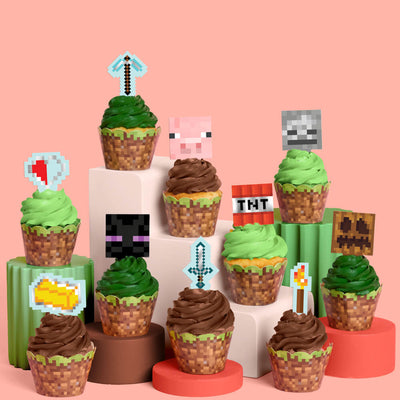 Pixel Mining Cupcake Set - 30 sets of liners + toppers