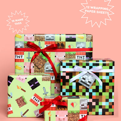 Pixel Mining Wrapping Paper Set - 12 sheets + 16 tags