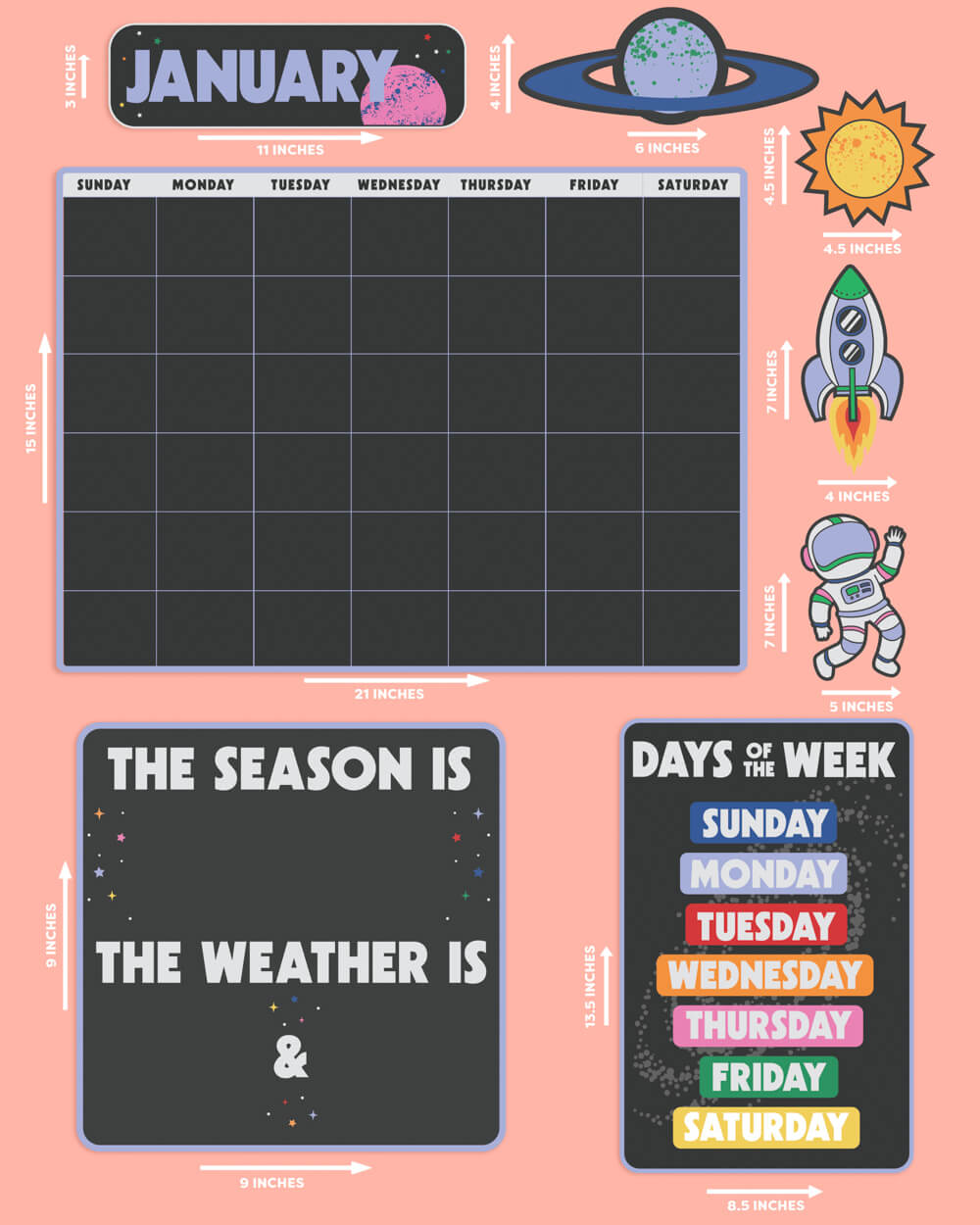 Space Classroom Calendar Set - 81 bulletin board pieces