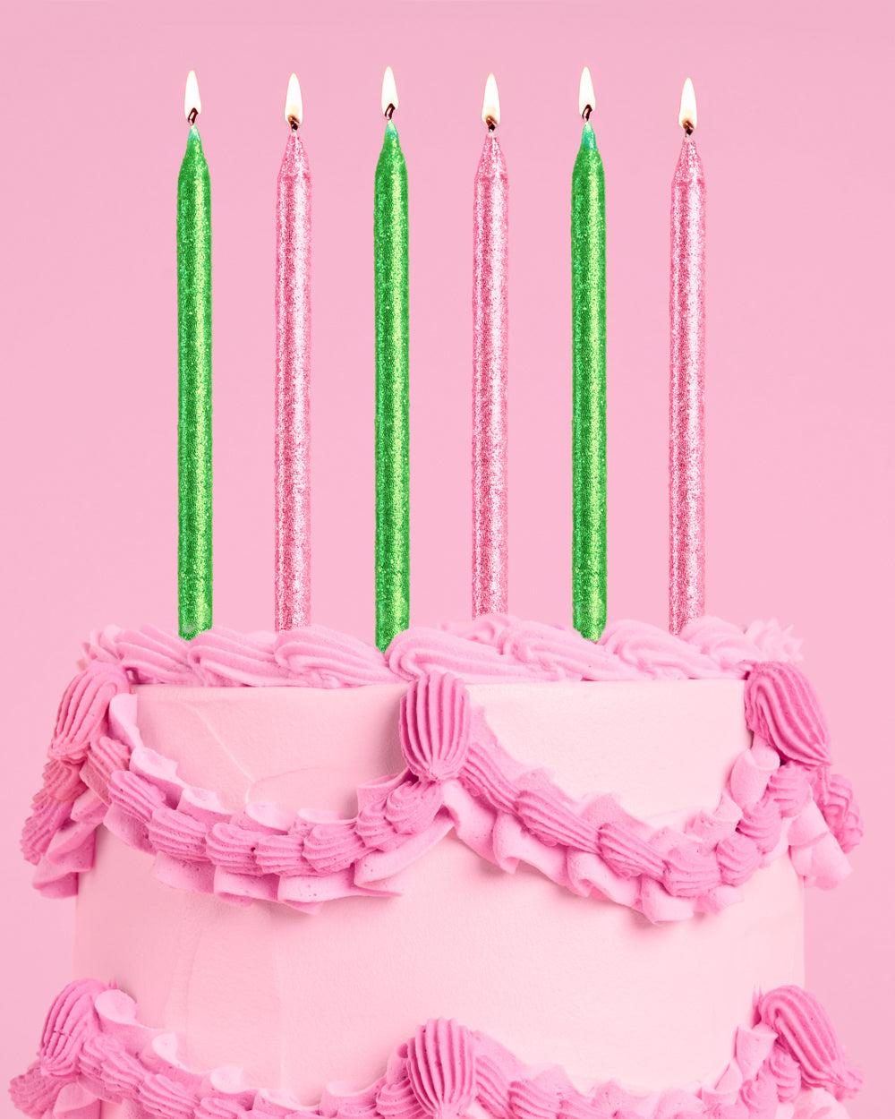 Pink Goes Good w. Green Candles - 10 glitter candles