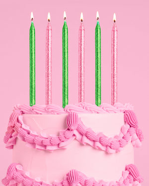 Pink Goes Good w. Green Candles - 10 glitter candles