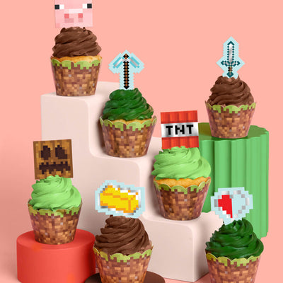 Pixel Mining Cupcake Set - 30 sets of liners + toppers