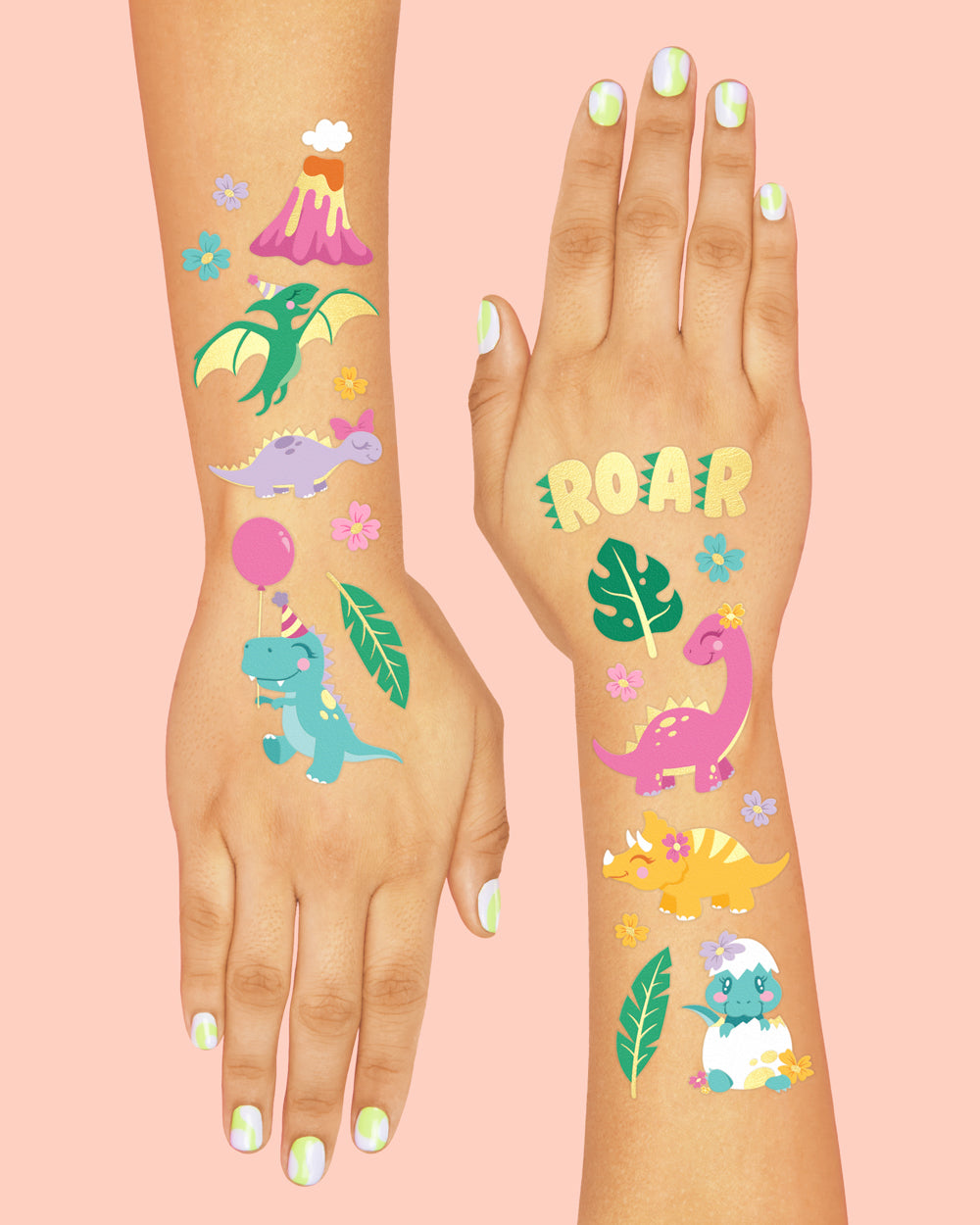 Cute Dino Tats - 40 foil temporary tattoos